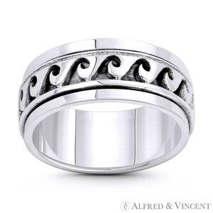 Mens Spinning Ring Sea Wave Cutout Beachbum Charm Band 925 Sterling Silver Sz.8